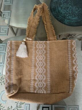 Natural Tan Embroidered Tote Bag with White Tassel